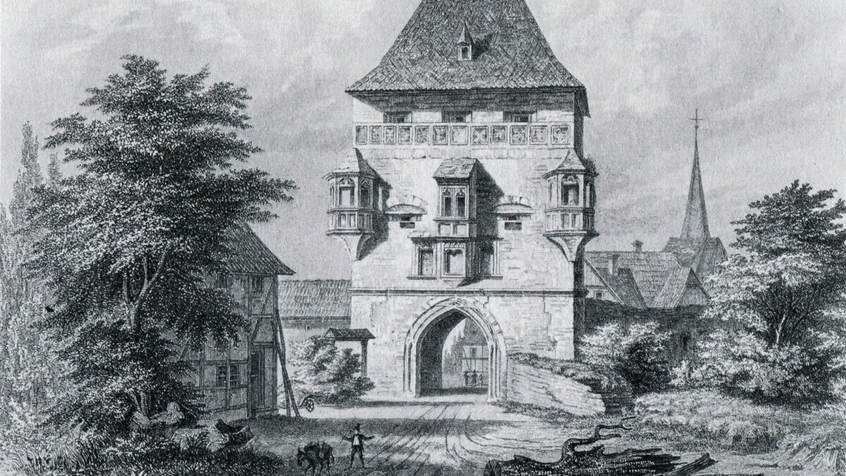 Stahlstich von 1850 - Auf der Abbildung ist noch die alte (innere) Stadtmauer am Tor zu